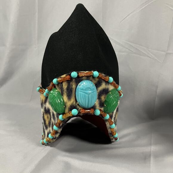 Egyptian Scarab Hat Headdress Fitted Womens Leopard Print Beaded Turquoise Black - Picture 13 of 16